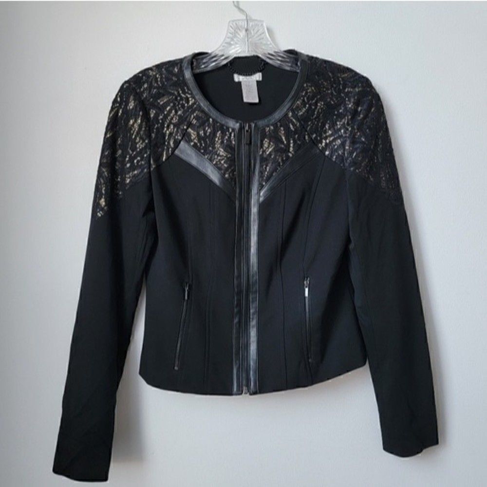 𝅺CACHE Black Gold Faux Leather Trim Jacket Blazer Size 2 Embroidered Lace